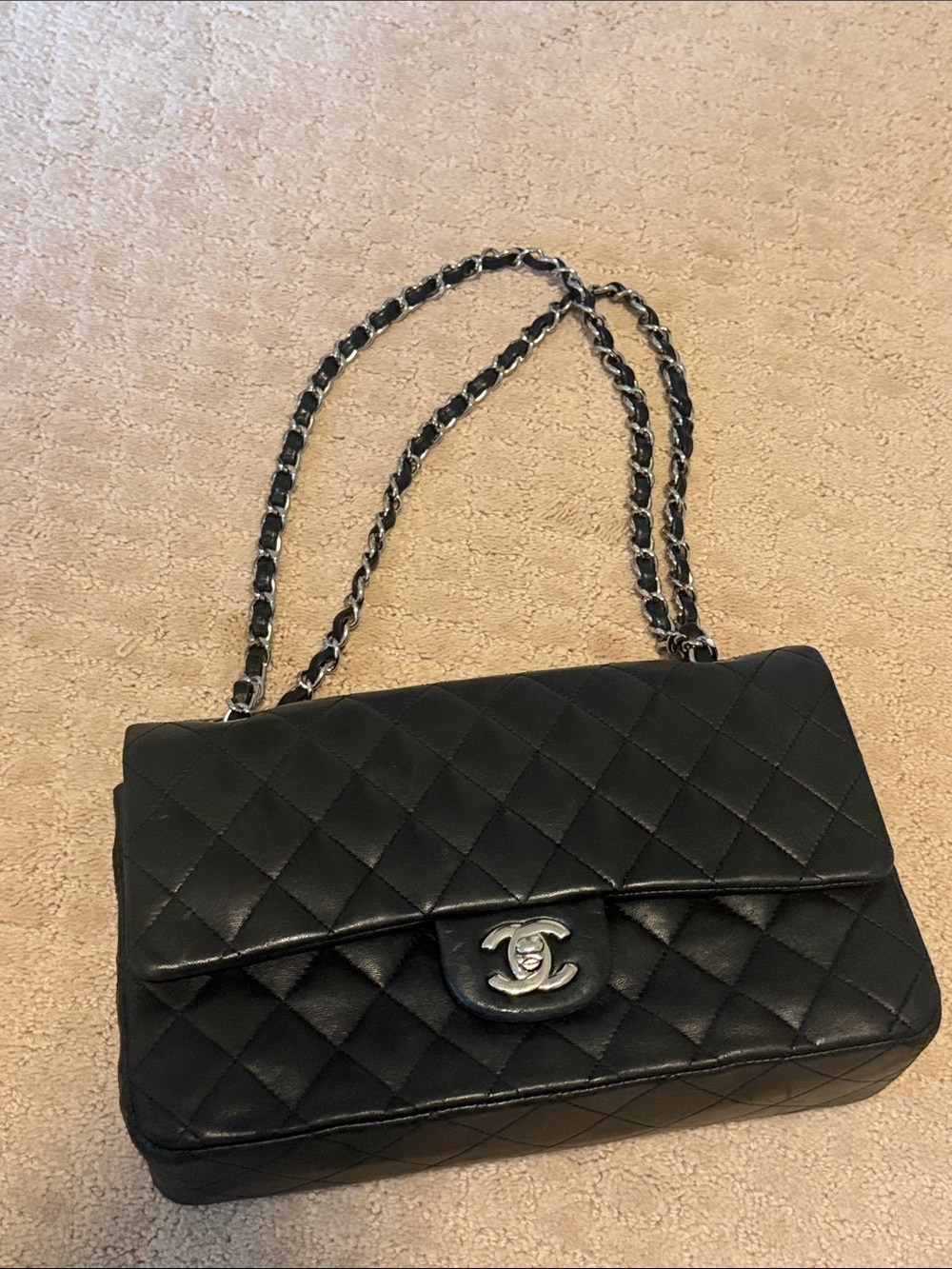 CHANEL Lambskin Medium Classic Flap Black Shoulder Bag with Silver Hardware